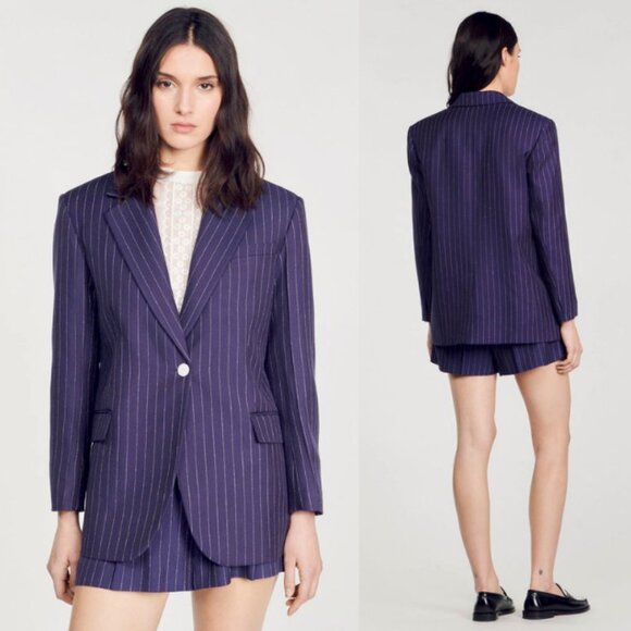 NWT SANDRO Striped Suit Jacket Blazer Marine Blue Navy Size 38 (US 6/M) - Picture 1 of 15